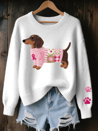 Naoni – Strickpullover mit Dackelmotiv aus Wollfilz in weiß