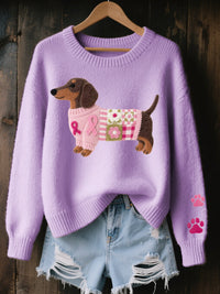 Naoni – Strickpullover mit Dackelmotiv aus Wollfilz in Lila