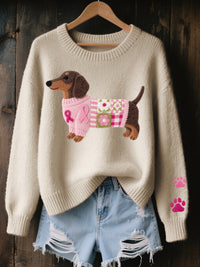 Naoni – Strickpullover mit Dackelmotiv aus Wollfilz in Beige