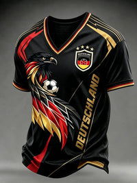Männer Deutschland Fußball Fan Print T-Shirt mit V-Ausschnitt in Schwarz