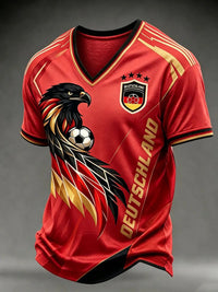 Männer Deutschland Fußball Fan Print T-Shirt mit V-Ausschnitt in Rot