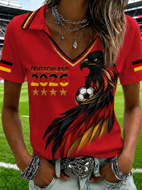 Damen-T-Shirt mit V-Ausschnitt und deutschem Fußballfan-Print in Rot