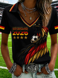 Damen-T-Shirt mit V-Ausschnitt und deutschem Fußballfan-Print in Schwarz