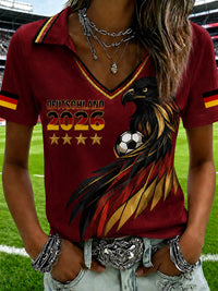 Damen-T-Shirt mit V-Ausschnitt und deutschem Fußballfan-Print in Weinrot