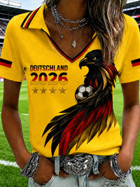 Damen-T-Shirt mit V-Ausschnitt und deutschem Fußballfan-Print in Gelb