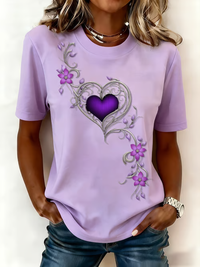 Damen-Vintage-T-Shirt mit lila Blumen kunst druck in Hell Lila
