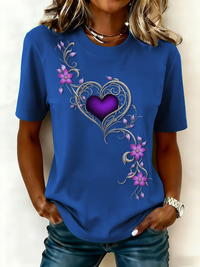 Damen-Vintage-T-Shirt mit lila Blumen kunst druck in Blau