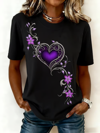 Damen-Vintage-T-Shirt mit lila Blumen kunst druck in Schwarz