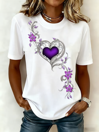 Damen-Vintage-T-Shirt mit lila Blumen kunst druck in Weiß