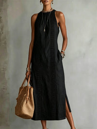 Damen-elegantes, schlichtes ärmelloses Leinen-Maxikleid mit seitlichem Schlitz in Schwarz