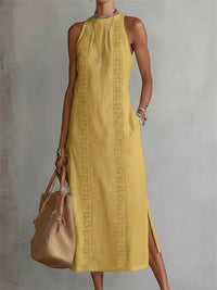 Damen-elegantes, schlichtes ärmelloses Leinen-Maxikleid mit seitlichem Schlitz in Gelb
