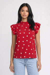 Bluse Damen - Herzprint | Rüschensäume in Herzprint Rot