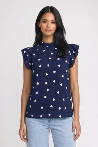 Bluse Damen - Herzprint | Rüschensäume in Herzprint Marine