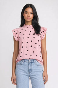 Bluse Damen - Herzprint | Rüschensäume in Herzprint Rosa