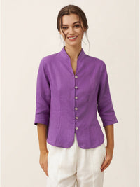 Tailliertes Damen-Leinenhemd mit Stehkragen in Orchideen Lila
