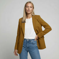 Marianne | Damen Langer Blazer Zweiknopf Klappentaschen Elegant Business in Camelbraun