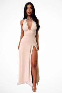 Thalassa | Damen Neckholder Maxikleid mit Schlitz in Beige