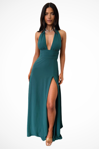 Thalassa | Damen Neckholder Maxikleid mit Schlitz in Dunkelgrün