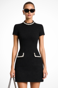 Thea | Damen Perlenbesatz Minikleid in Schwarz