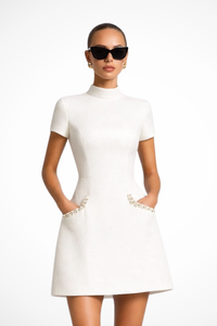 Thea | Damen Perlenbesatz Minikleid in Weiß