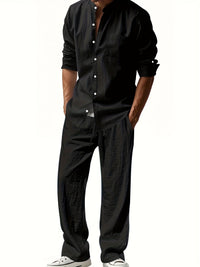 Theron | Herren Stehkragen Zweiteiler Hemd und Hose Set in Schwarz