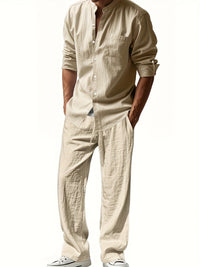 Theron | Herren Stehkragen Zweiteiler Hemd und Hose Set in Khaki