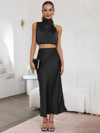 Tindra | Damen Neckholder Zweiteiler Crop Top Maxirock in Schwarz