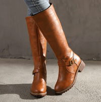 Damen Stiefel mit Schnalle und Blockabsatz in Braun