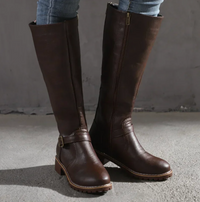 Damen Stiefel mit Schnalle und Blockabsatz in Dunkelbraun