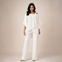 Valeria | Damen Asymmetrisches Oberteil Wide Leg Hosen Set in Weiß