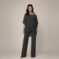 Valeria | Damen Asymmetrisches Oberteil Wide Leg Hosen Set in Schwarz