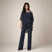 Valeria | Damen Asymmetrisches Oberteil Wide Leg Hosen Set in Marineblau