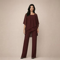 Valeria | Damen Asymmetrisches Oberteil Wide Leg Hosen Set in Bordeauxrot