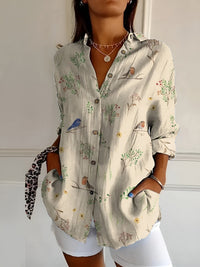 Johanna | Damen Gepunktete Bluse Mit Knopfleiste Und Print in Vögel