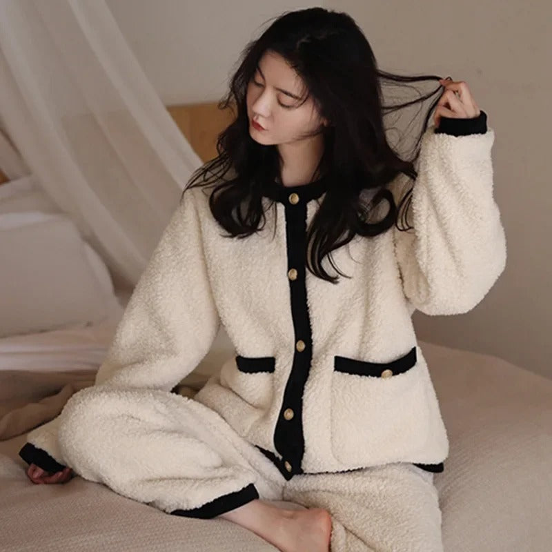 Johannes - Fleece-Pyjama-Set mit langärmeliger Strickjacke und passender Pyjamahose für Frauen