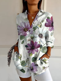 Johanna | Damen Gepunktete Bluse Mit Knopfleiste Und Print in Lila Blumen