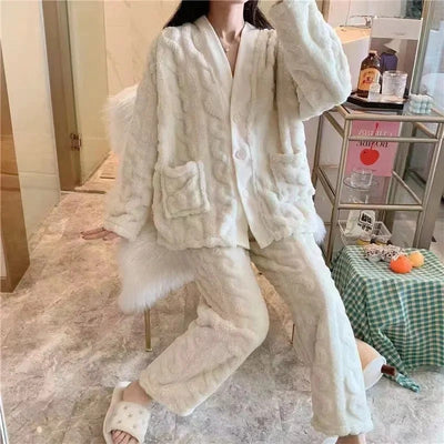 Johannes - Fleece-Pyjama-Set mit langärmeliger Strickjacke und passender Pyjamahose für Frauen