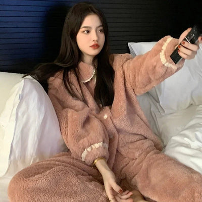 Johannes - Fleece-Pyjama-Set mit langärmeliger Strickjacke und passender Pyjamahose für Frauen