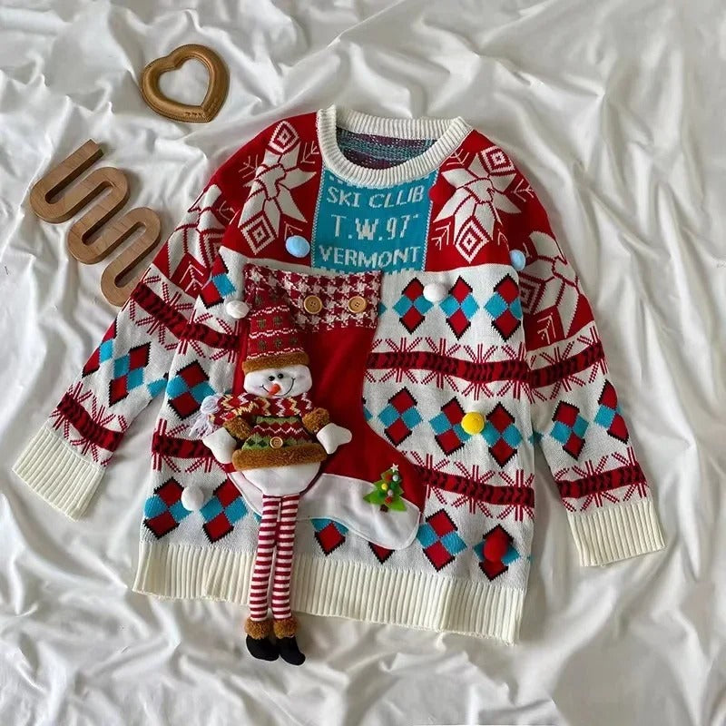 Heidi - Damen Weihnachtspullover mit 3D-Schneemann und Norweger-Muster