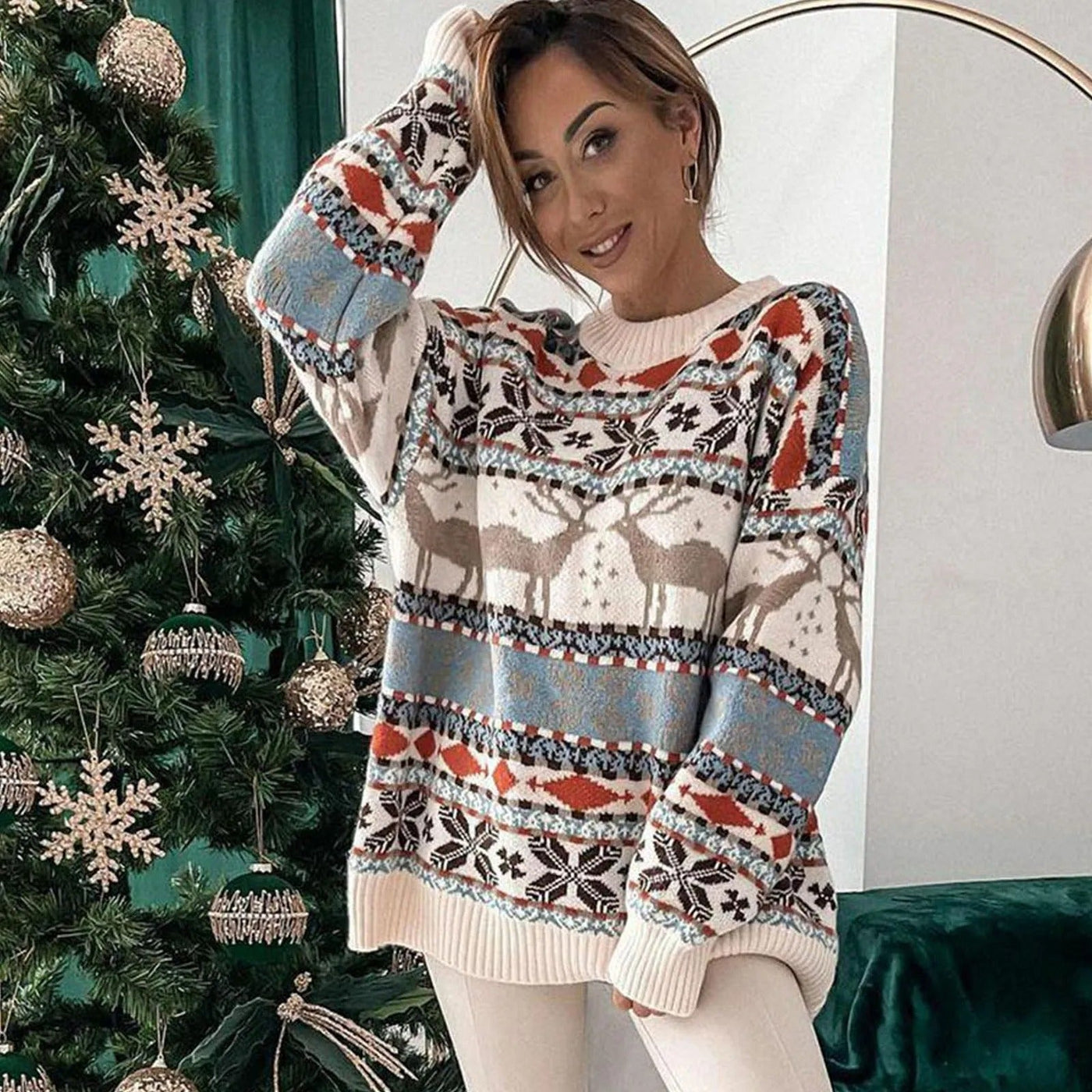 Katarina - Damen Weihnachtspullover mit Norwegischem Rentiermuster
