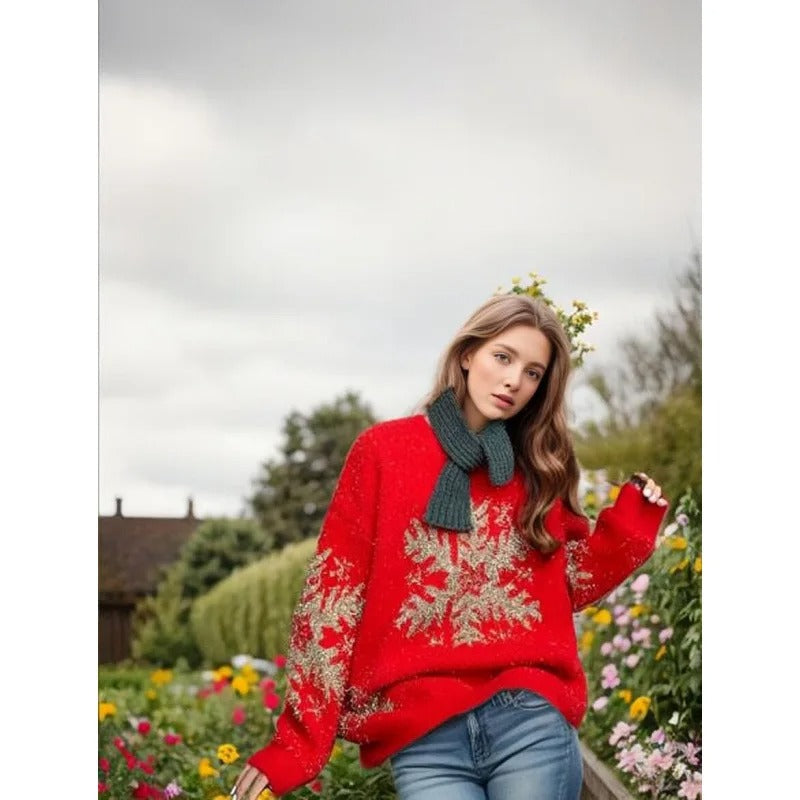 Sabrina - Damen Weihnachtspullover mit Schneeflockenmotiv