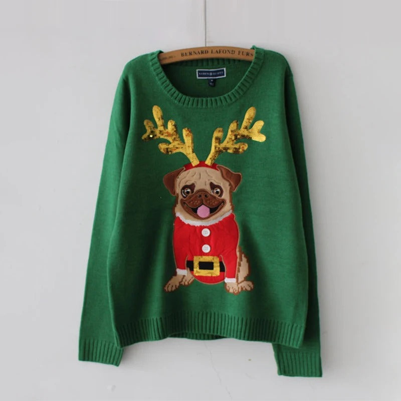 Paula - Damen Weihnachtspullover mit Mops-Motiv