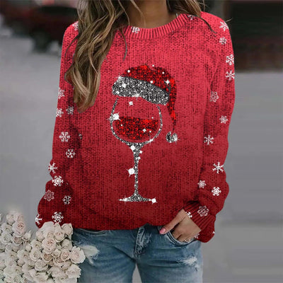 Sabina - Warmer Pullover mit Weihnachtlichem Weinglas und Bedruckter Nikolausmütze für Frauen