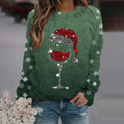 Sabina - Warmer Pullover mit Weihnachtlichem Weinglas und Bedruckter Nikolausmütze für Frauen