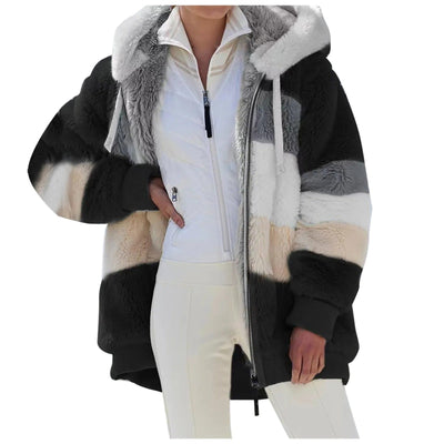 Amalia - Damen Plüsch-Blockstreifen-Jacke