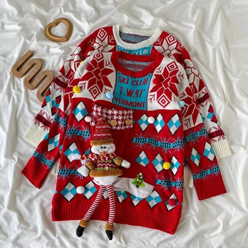 Heidi - Damen Weihnachtspullover mit 3D-Schneemann und Norweger-Muster