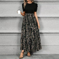 Aria | Damen Maxi-Kleid Puffärmel Blumendruck Bindegürtel in Farnmuster Schwarz