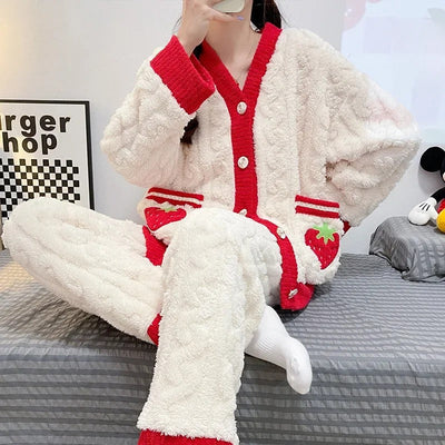 Johannes - Fleece-Pyjama-Set mit langärmeliger Strickjacke und passender Pyjamahose für Frauen