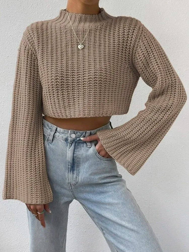 Lara - Damen Cropped Pullover mit Glockenärmeln