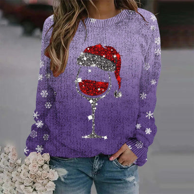 Sabina - Warmer Pullover mit Weihnachtlichem Weinglas und Bedruckter Nikolausmütze für Frauen